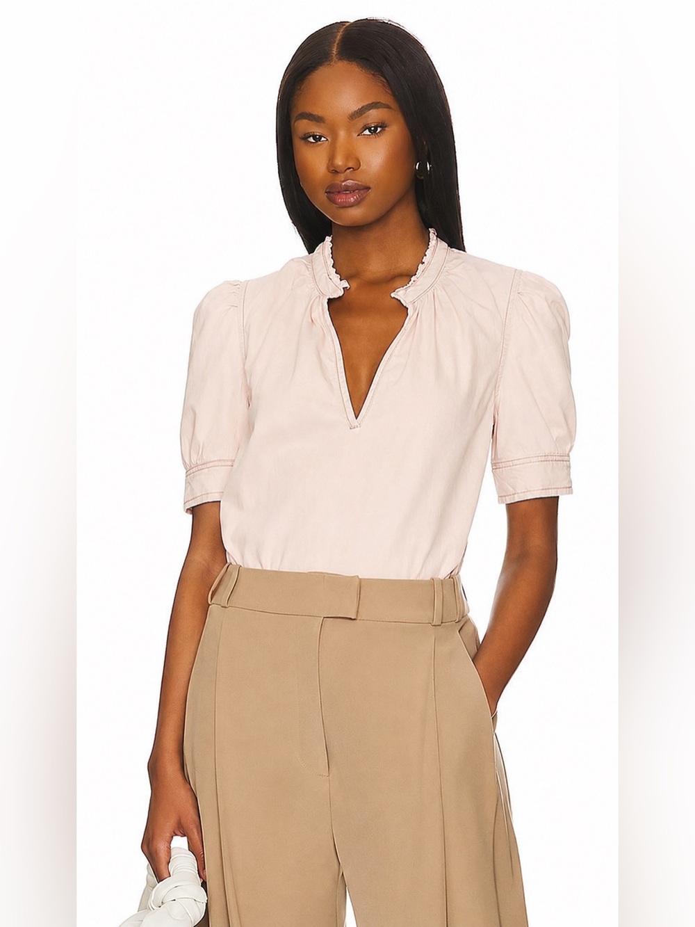 FRAME Washed Nude Pink Deep V‎ Ruffle Collar Denim Top Size Small Preppy